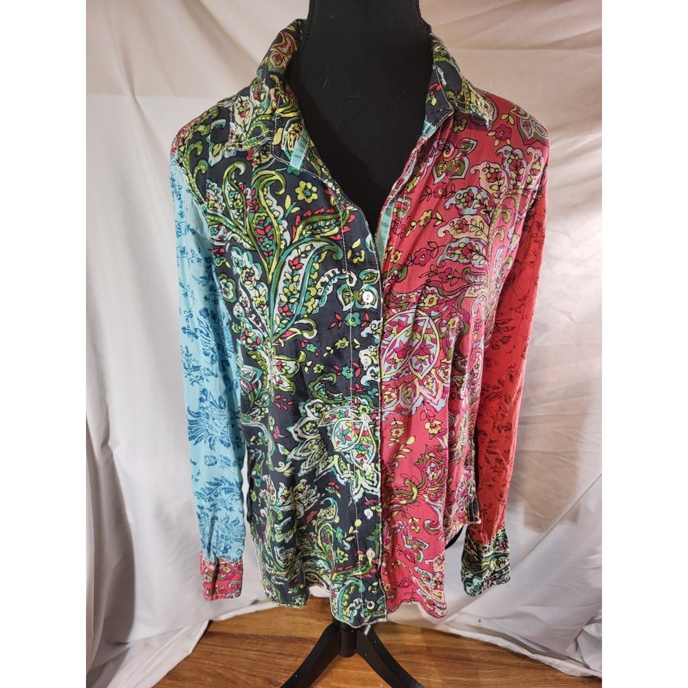 Cino Womens Large Button Up Patchwork Paisley Shirt Long Sleeve Top Blouse